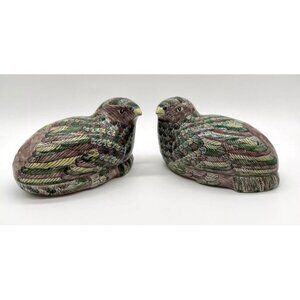 Mirrored Pair Chinese Famille Verte Porcelain Quail Box Tureen Figures Glazed